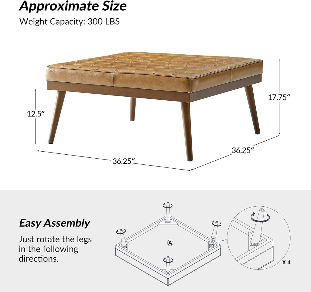 36" Genuine Leather Square Tufted Ottoman Coffee Table, Camel | Button Tufted Style, Solid Wooden Flared Legs