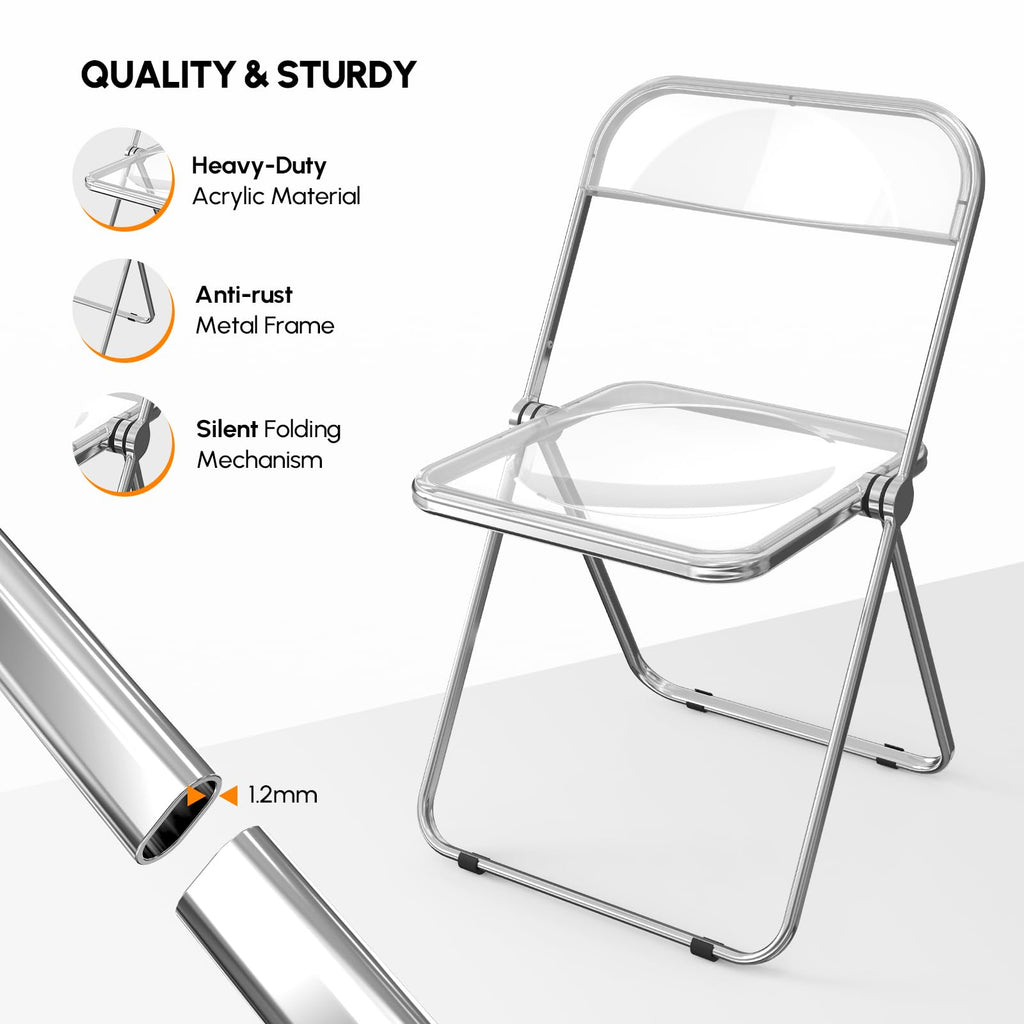 Acrylic Folding Chairs 2 Pack, Clear Chair Foldable and Stackable, Plastic Panel & Metal Chrome Frame, Weight