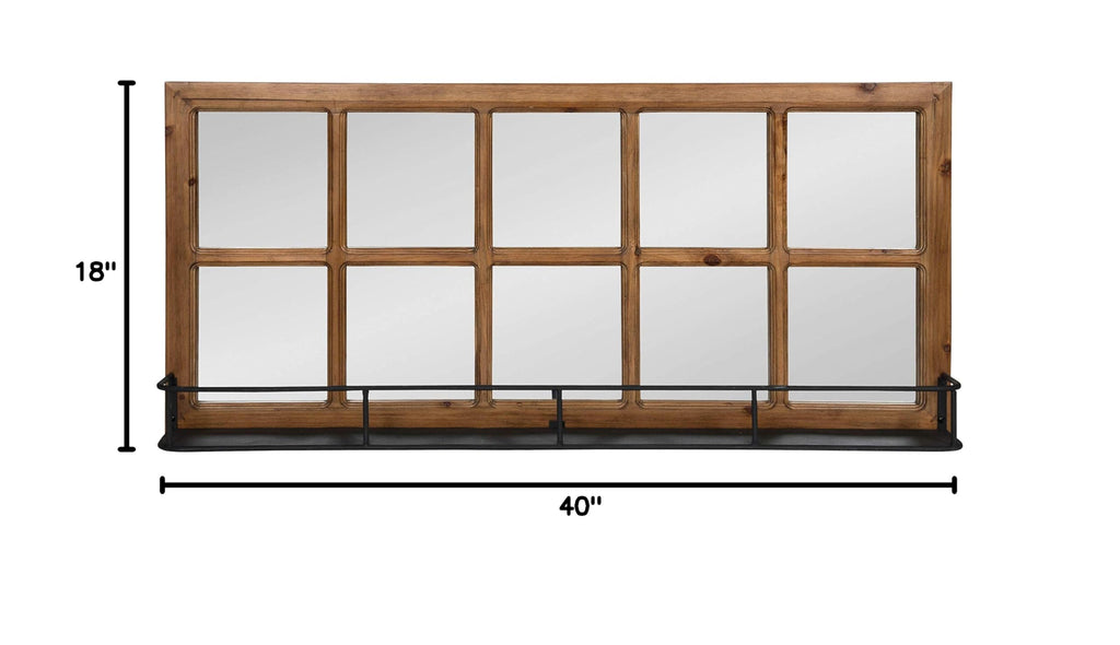 Jackson Casual Farmhouse Solid Wood 10 Windowpane Mirror with Distressed Black Metal Shelf, 40x18, Rustic Caramel