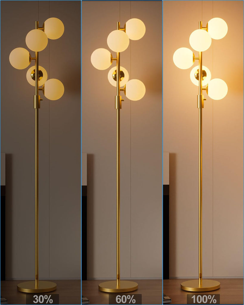 Dimmable Globe Floor Lamp, Gold Standing Lamps with 5PCS 3000K Bulbs Included, Mid Century Modern Floor Lamp