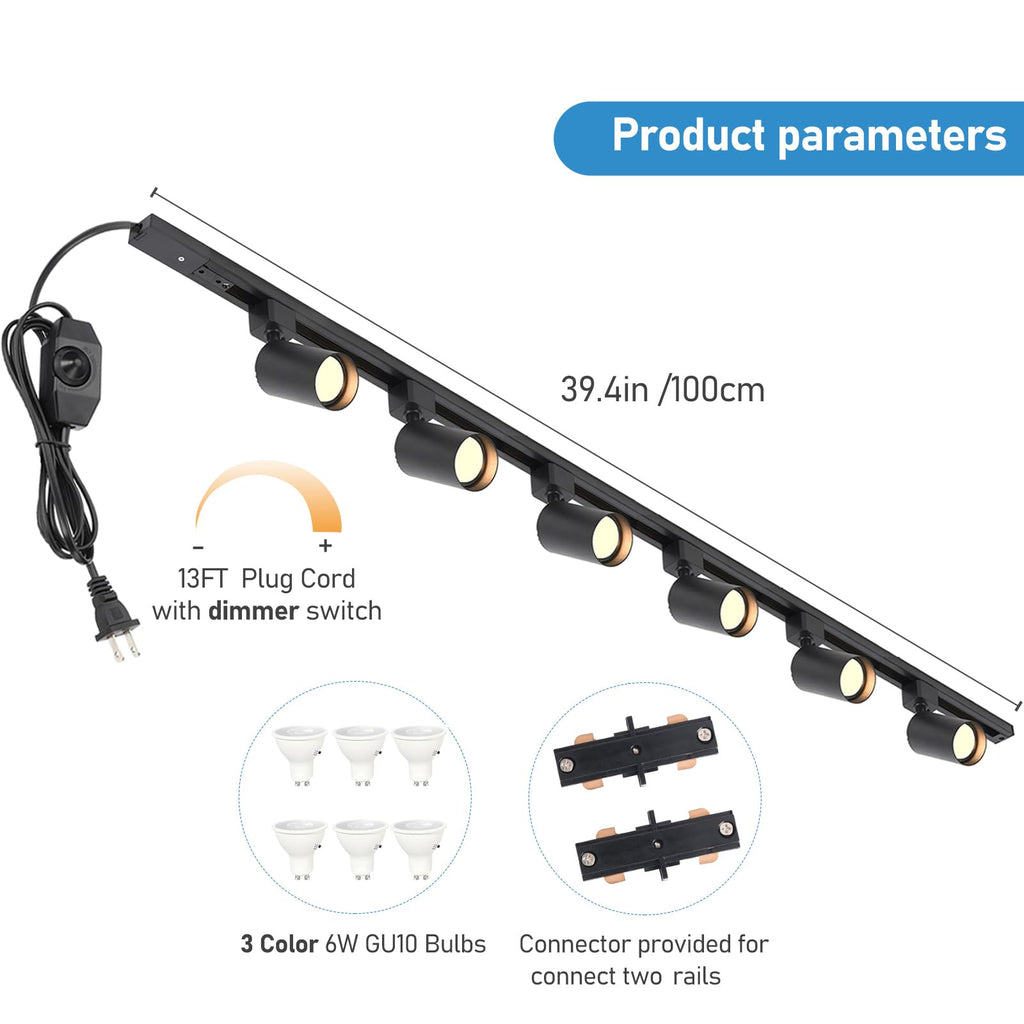 Plug in Track Lighting with Power Cord, 6-Light GU10 Dimmable Track Lighting Kit with Track Rail, Kitchen LED