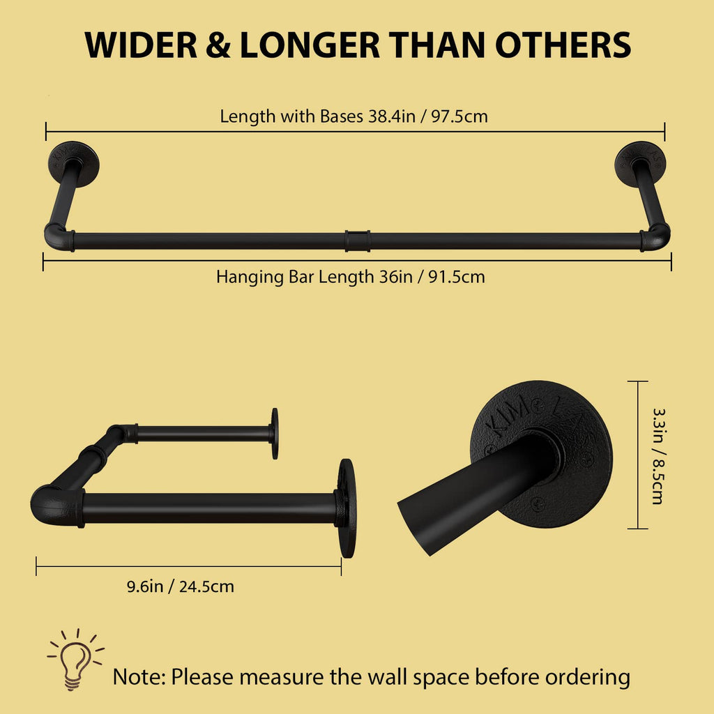 Wall Mounted Clothes Rack 38.4in, Industrial Pipe Wall Mount Clothing Rack, Heavy Duty Iron Garment Racks, Space