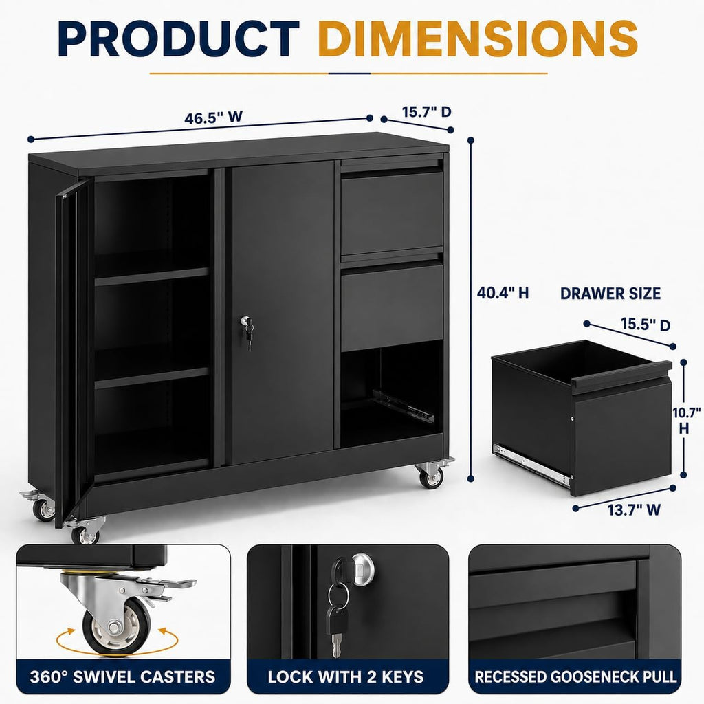 3 Drawer File Cabinet, Office Mobile Filing Cabinet, Printer Stand | All-in-One Office Storage, 3 Storage Drawers, 2