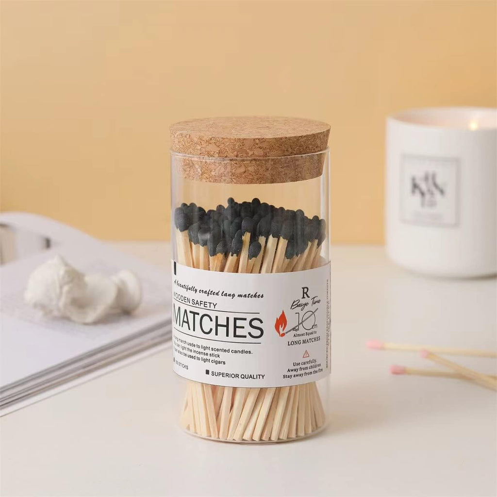 4'' Decorative Black Matches in a Glass Bottle, Safety Matches in a Jar with Striker, Match Holder - Set of 150