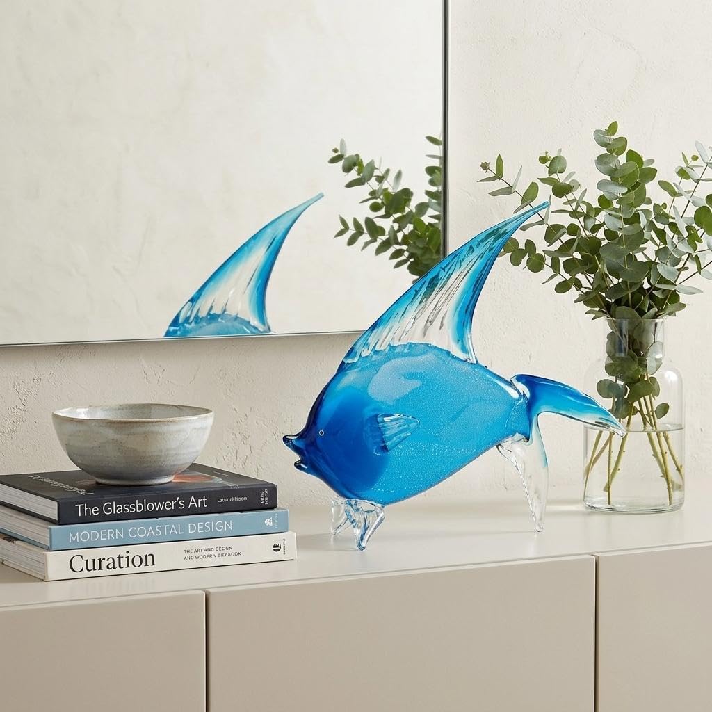 16" Mouth Blown Light Blue Tropical Fish Art Glass