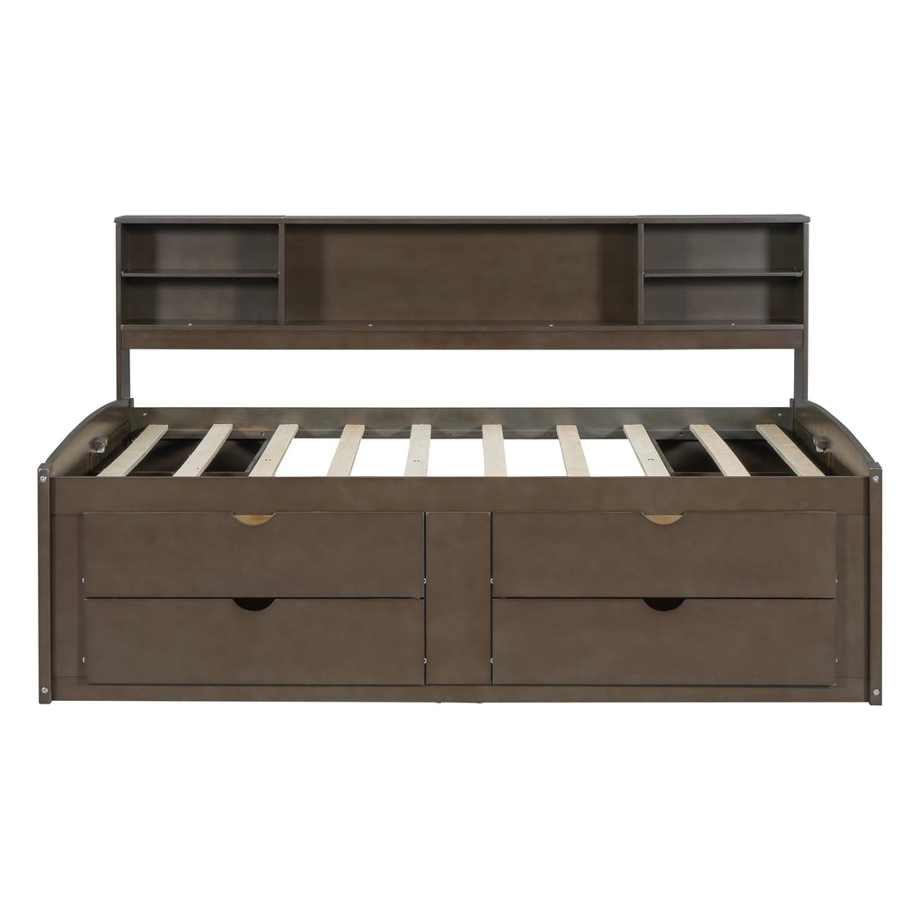Full Size Solid Wood Daybed with Storage Drawers, Antique Brown
