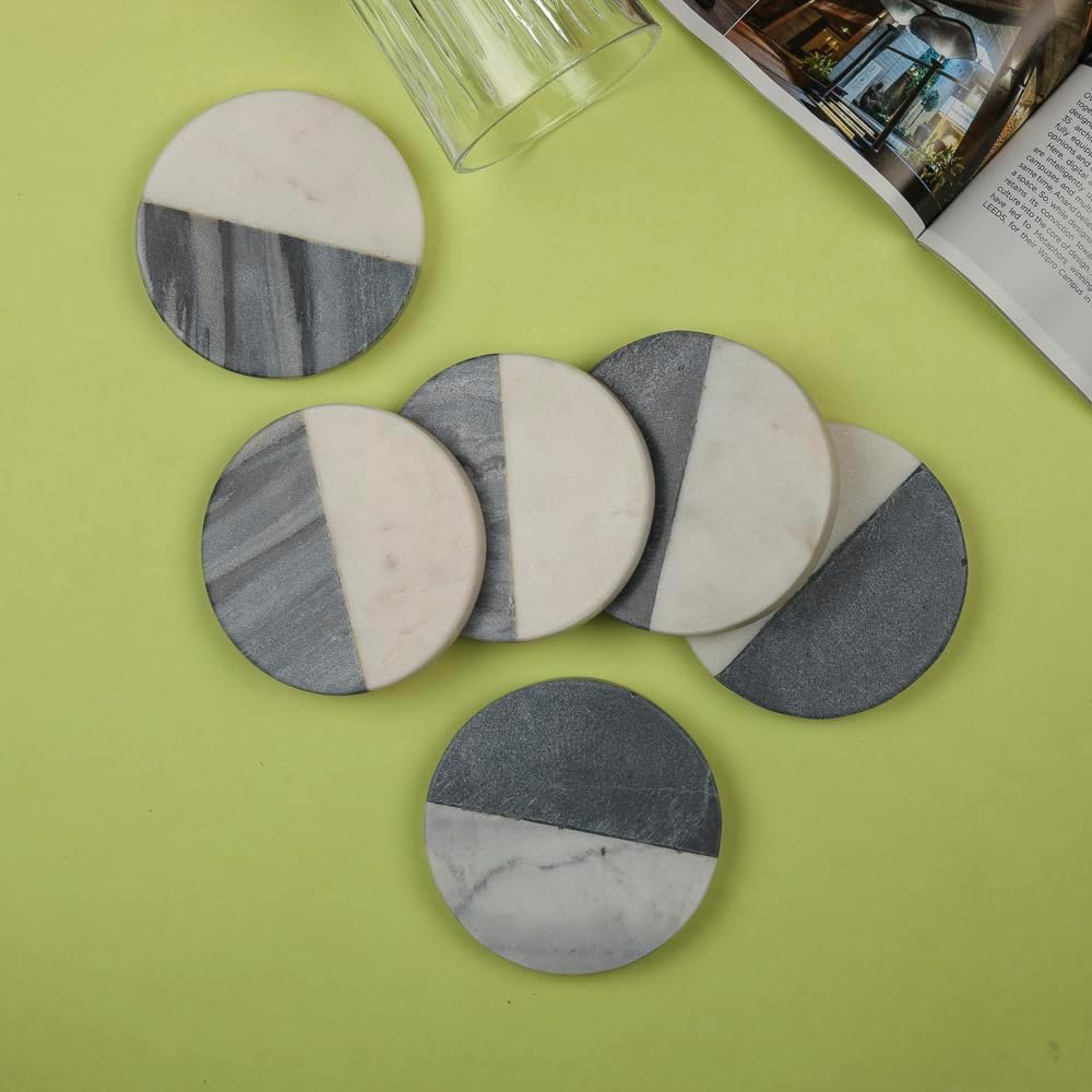 White & Grey Marble Coasters Round Handcrafted Stone Drink Coasters - Elegant Natural Marble - Set of 6