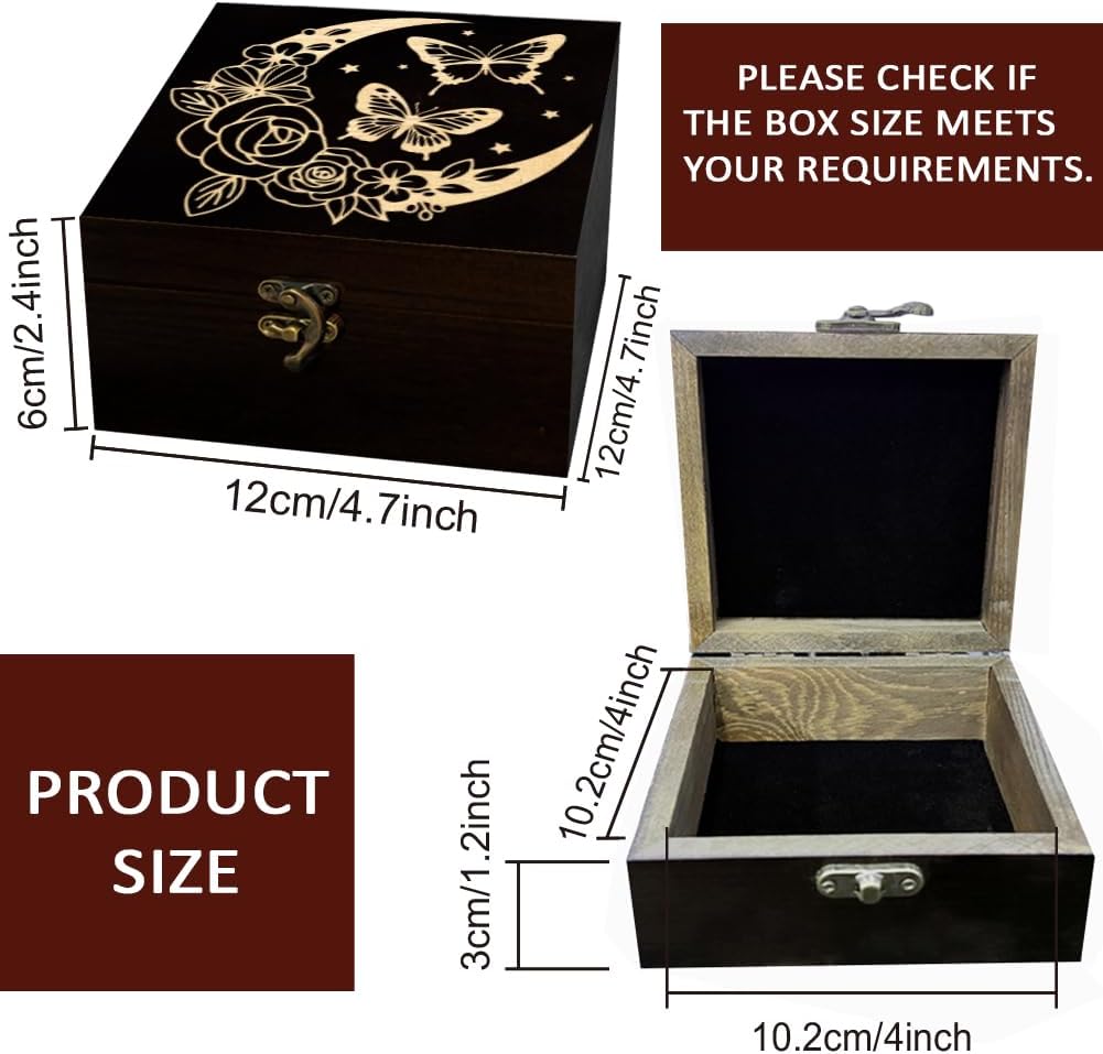 1 Pc Wooden Keepsake Storage Box, Butterfly Flowers Moon Square Pine Memory Box for Anniversary Jewelry Board Storage