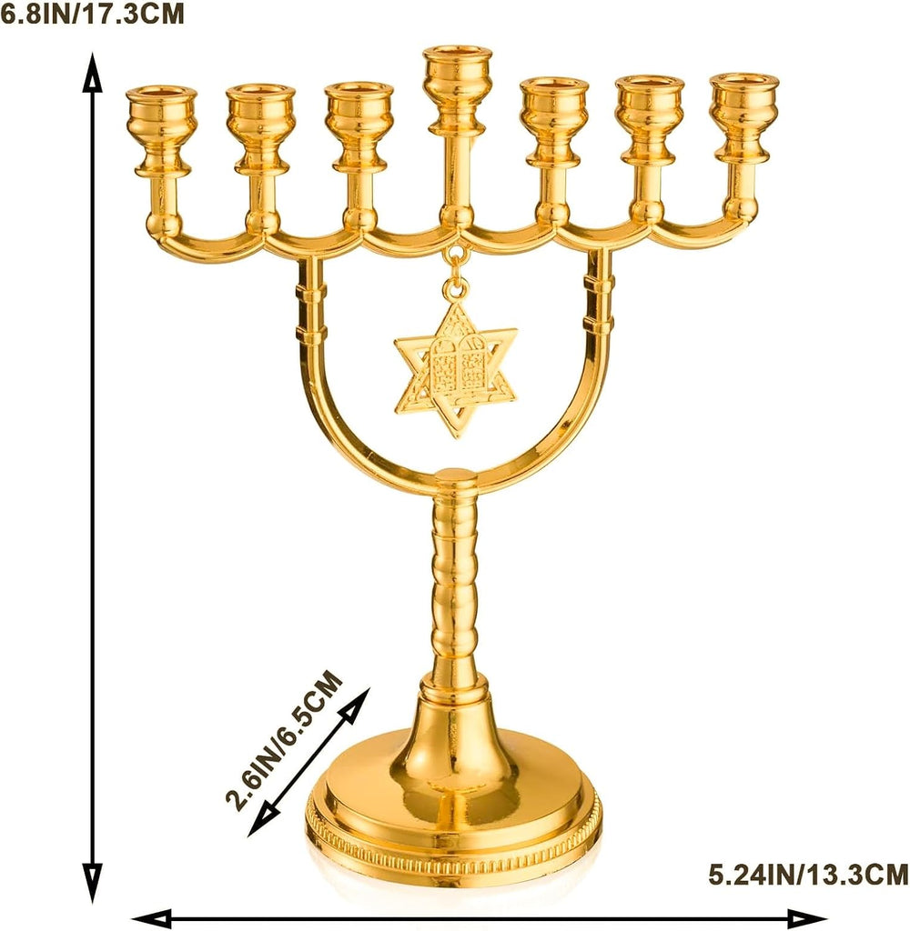 Gold 7 Branch Hanukkah Menorahs Candle Holder with Traditional Star