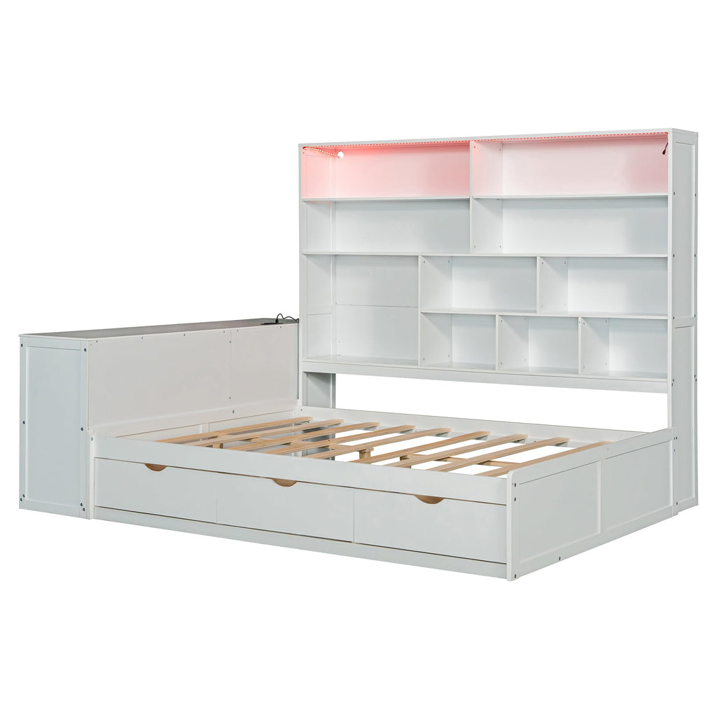 Full Size Wooden Daybed with Desk, Shelves and Lights (White/L, Full)