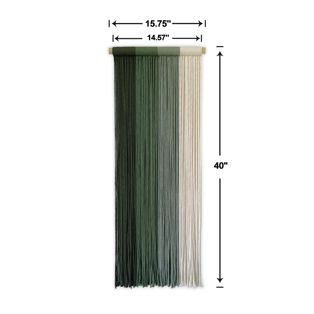 Boho Macrame Wall Hanging, Hand-Dyed Cotton, Green, 15.75 x 40 in