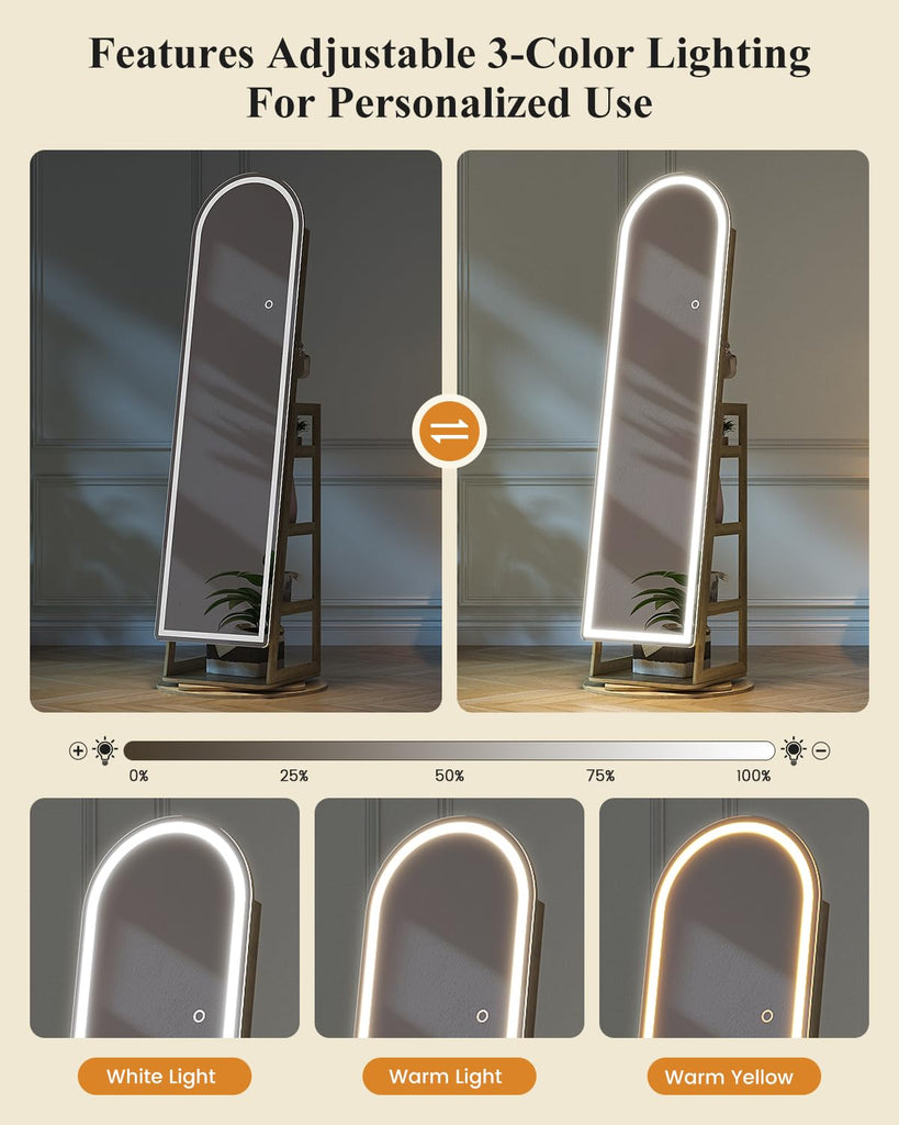 LED Arched Mirror Jewelry Cabinet Standing, Lockable Jewelry Armoire