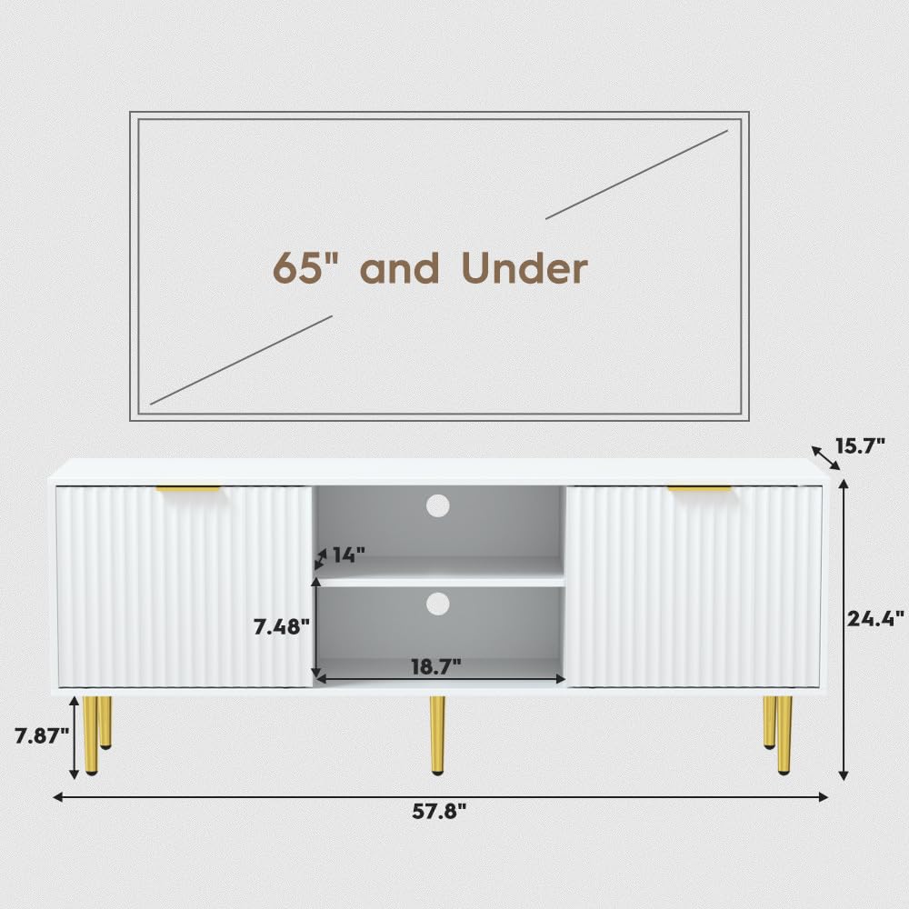 58'' Fluted TV Stand, Mid-Century Modern TV Console for 65/70/75 Inch TV, Wood Entertainment Center with Storage