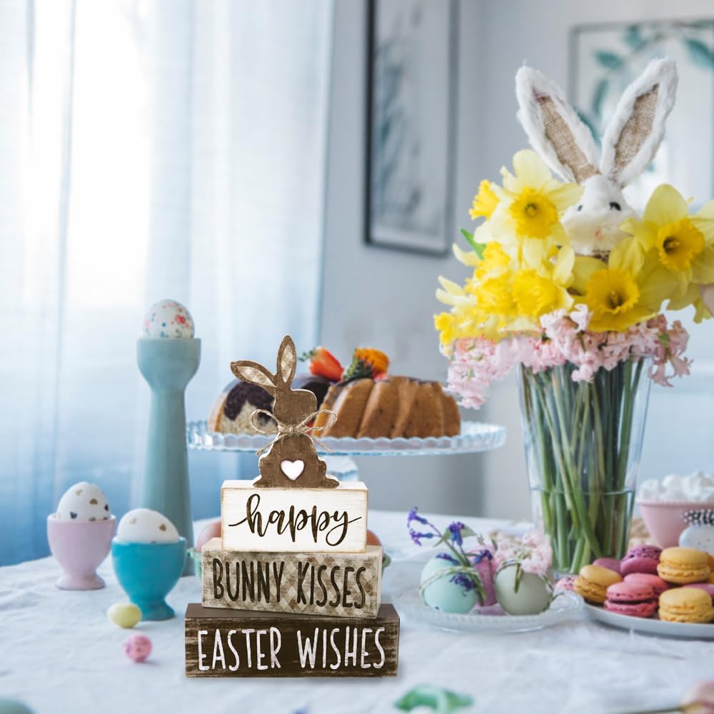 Easter Tabletop Decorations Bunny Wooden Block Signs Gift Rustic Tiered Tray Decor Happy Easter Centerpiece - Set of 4