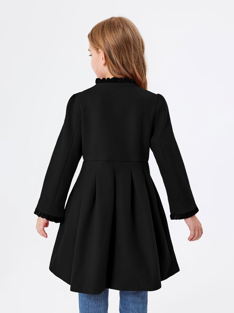 Girls Dress Coat Kids Ruffle Button Down Cute Bow Long Winter Jackets with Pockets