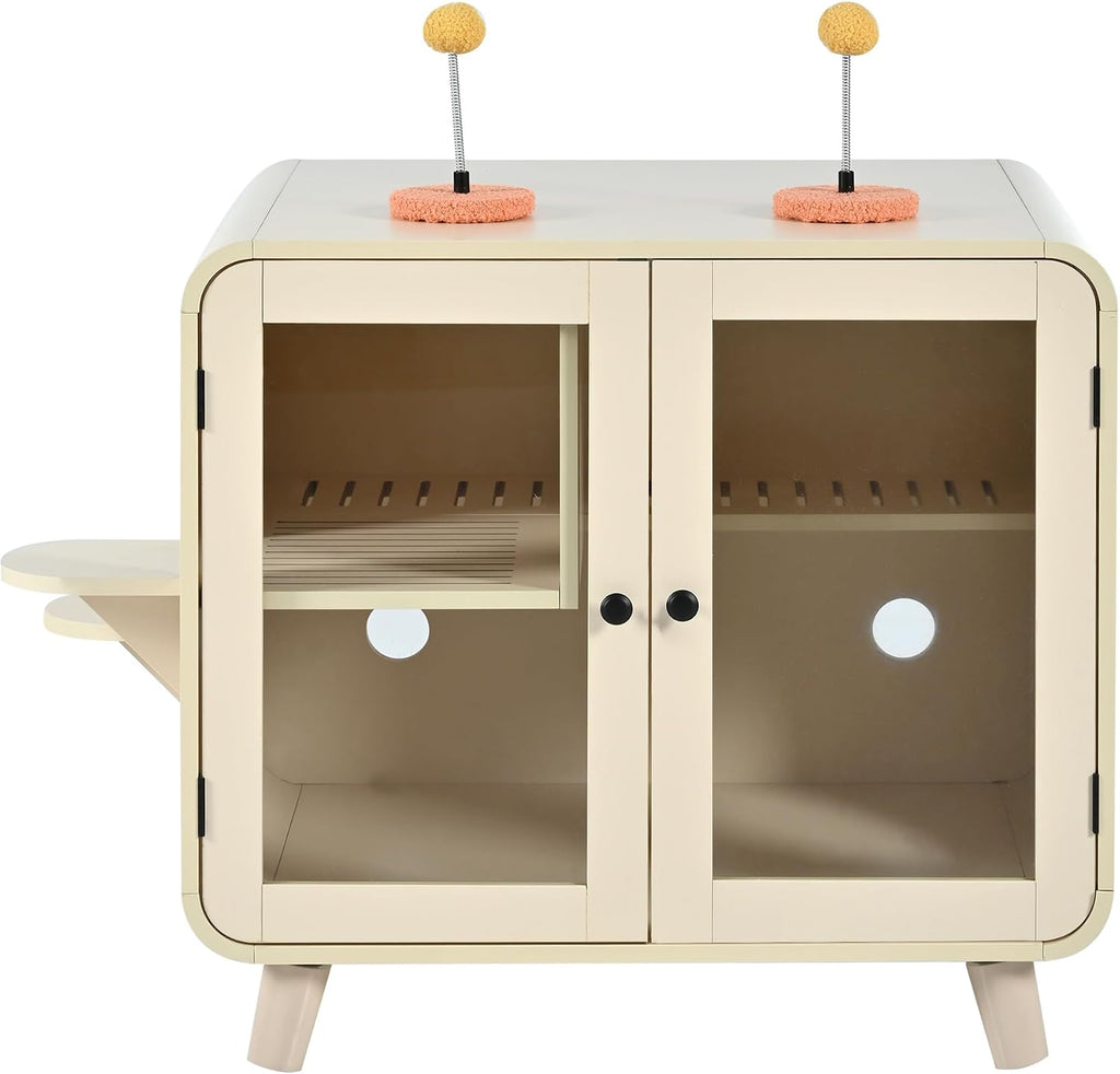Cat Hidden Litter Box Enclosure with RGB LED Light, TV-Style Cat Litter Box Furniture Cabinet with Glass Doors, Side