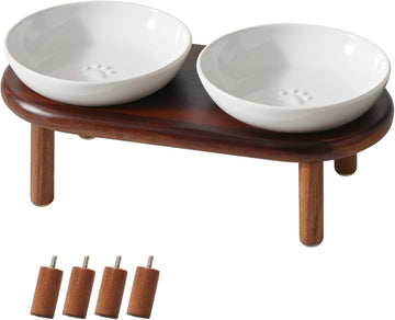 Elevated Cat Bowls, Ceramic Cat Bowl with Wood Stand, Wide Opening