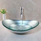Bathroom vessel sink, Artistic Tempered Glass Oval Vessel Sink Above Counter with Chrome Faucet and Pop-up Drain Combo