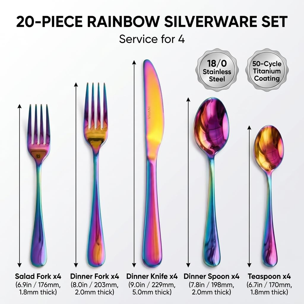 20-Piece Rainbow Silverware Set for 4, 18/0 Stainless Steel Flatware
