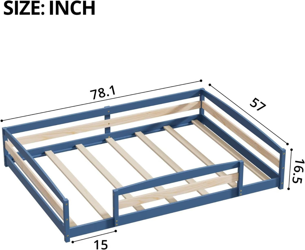 Floor Bed Frame with 2 Openings, Wooden Low Montessori Bed with Safe Guardrails for Boys Girls, Mist Blue