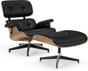 Inspired Eames Style Lounge Chair and Ottoman — Black PU Leather, Walnut Base, Standard Build