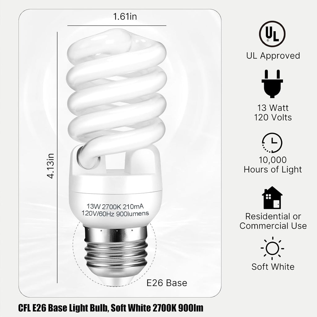 CFL Light Bulbs E26 Base T2 Spiral 13W 2700K Warm White (2-Pack)