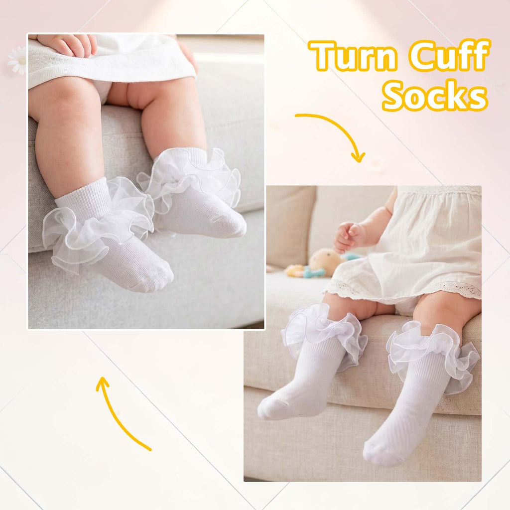 Girls Ruffle Socks 2-Layer Lace Frilly Turn Cuff Fancy Dress Socks