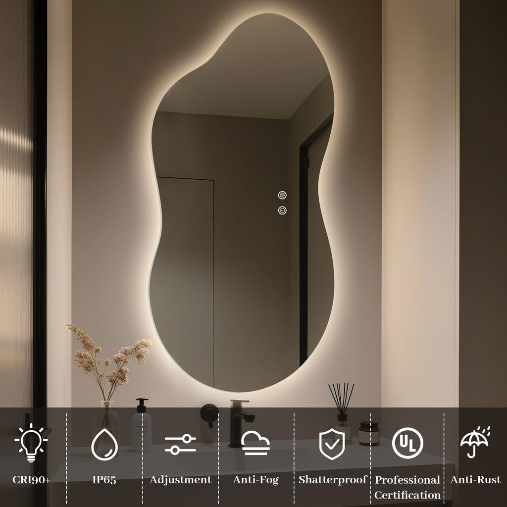 46"x26" Asymmetrical Bathroom Mirror with Lights, Irregular LED Backlit Vanity Mirror for Modern Master Bathroom