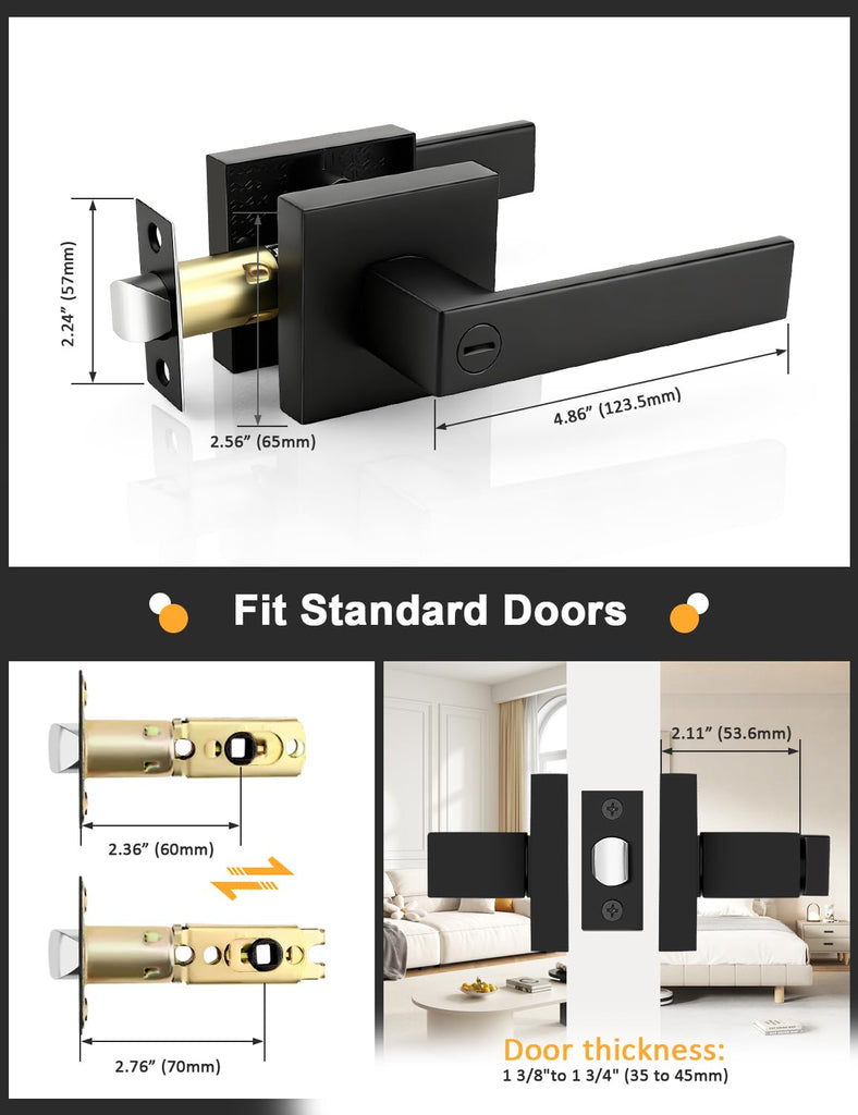 6 Pack Square Privacy Door Levers Locksets in Matte Black Finish, Bed/Bath Door Levers Keyless Interior
