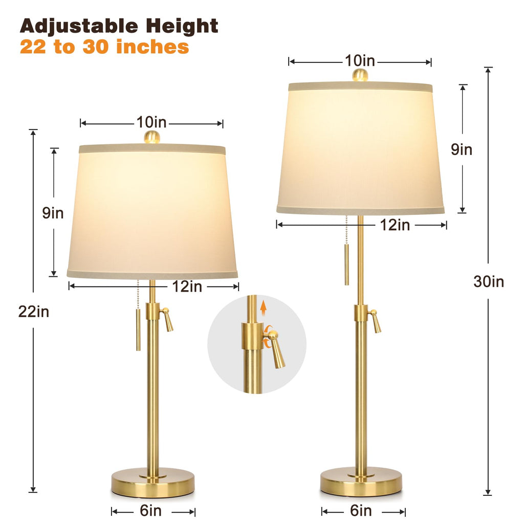 2 Pack 22"-30" Adjustable Height Table Lamps Set, Modern Gold Table Lamps with White Shade 3 Colour Temperature Pull