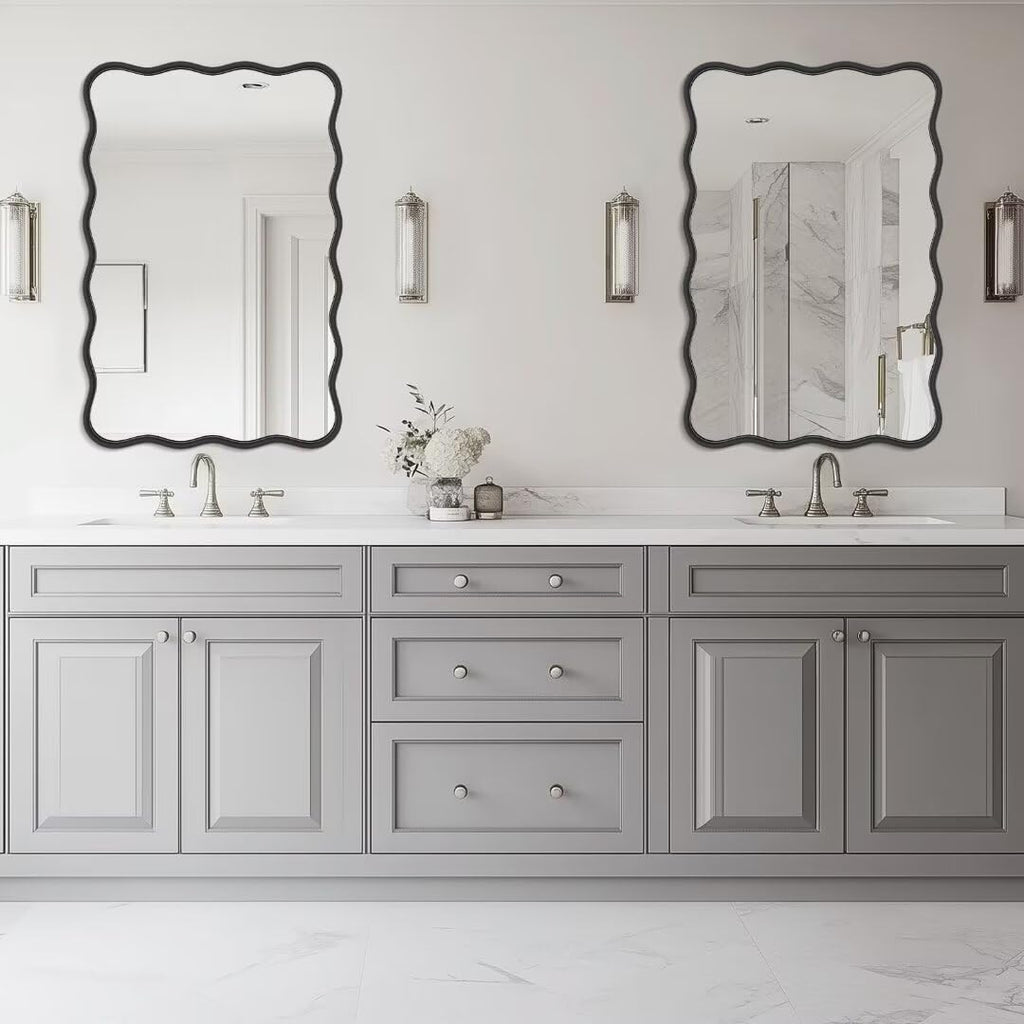 24x36 Black Wavy Irregular Bathroom Mirror, Wall-Mounted