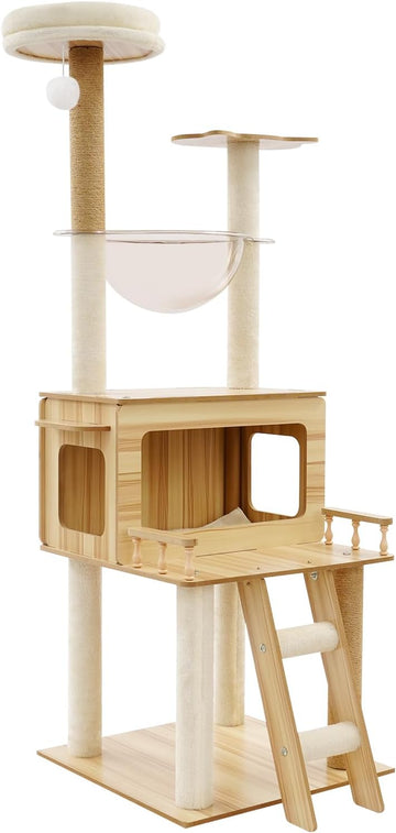 57.9in Wood Cat Tree Tower for Indoor Cat, Modern Minimalist Cat Furniture with Cat Scratching Post & Observation
