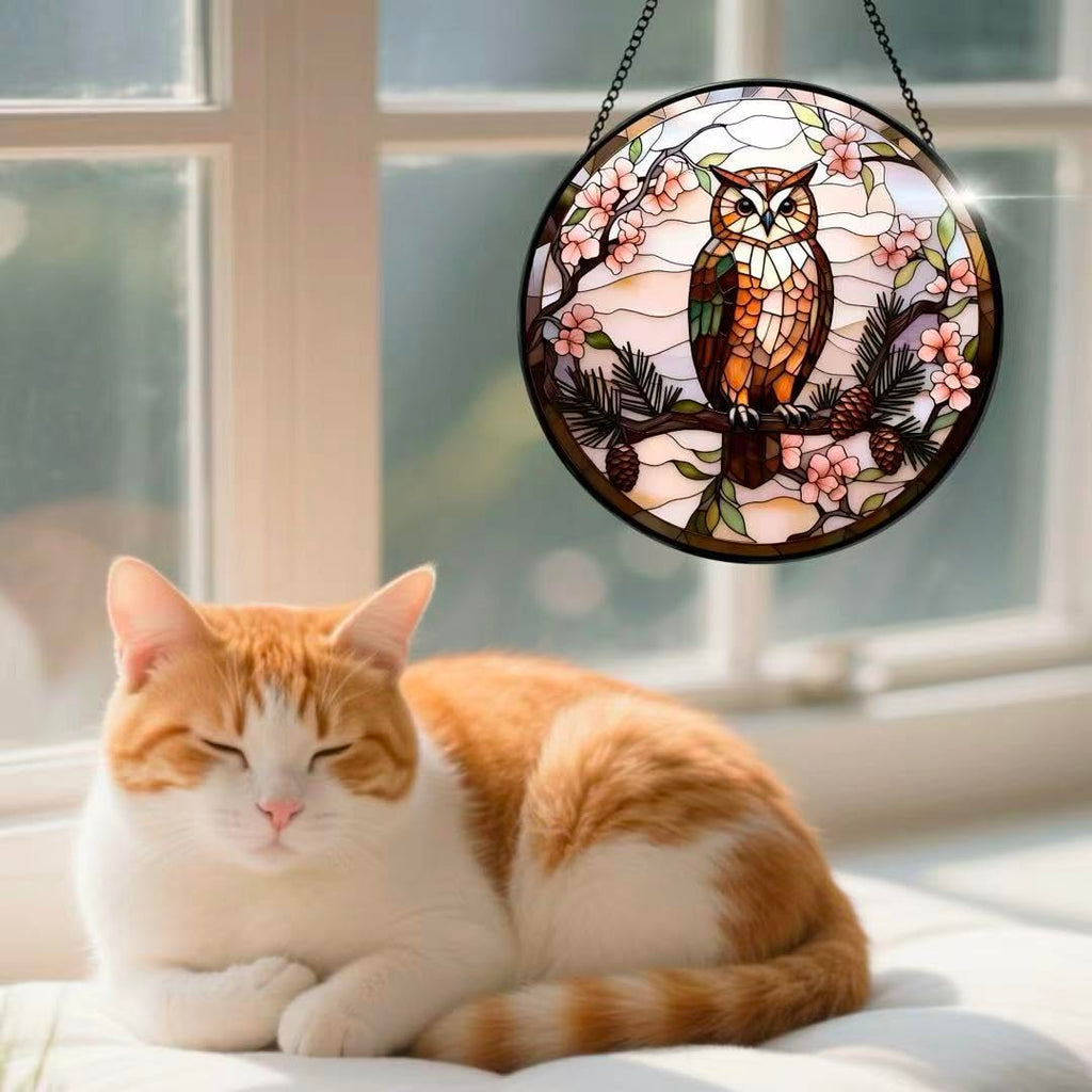 Stained Glass Window Hanging - The Owl is on The Branch of The Pine Tree 6.3 Inches Suncatcher for Garden Home Decor