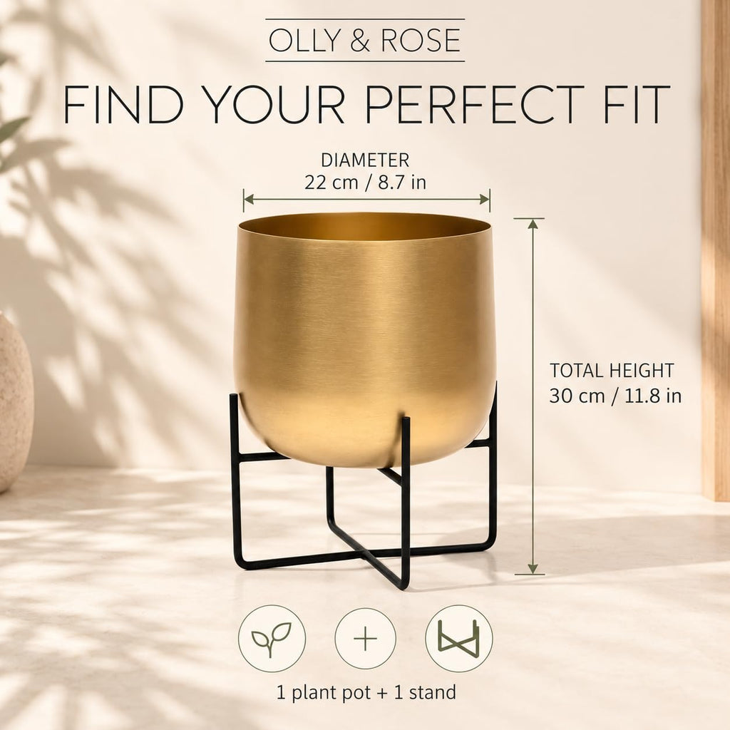 8.5 Inch Gold Metal Plant Stand with Pot - Indoor Planter, Large Flower Pot