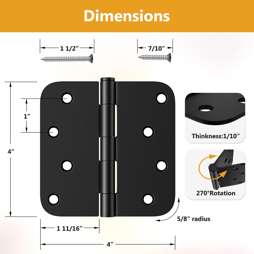 6 Pack Rounded Door Hinges 4 Inch, Black Exterior & Interior Door Hinge with 5/8'' Radius Corner, Removable Pin