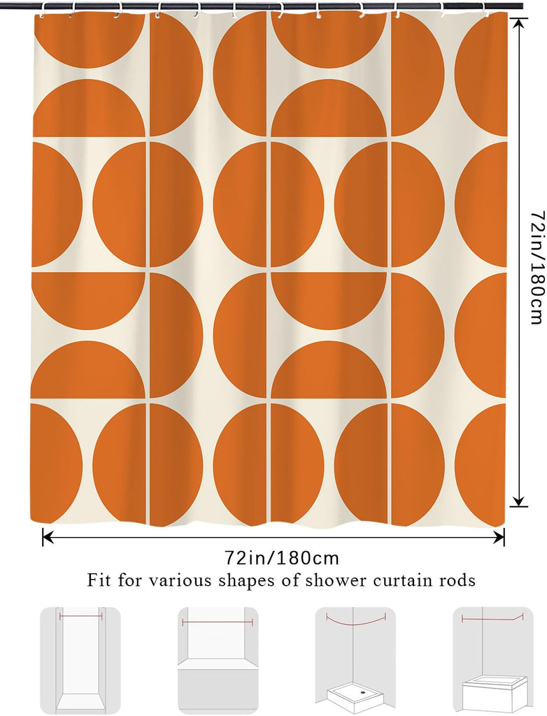 Orange Mid Century Modern Shower Curtain, Boho Abstract Geometric Retro Art Bath Curtains, Colorful Unique Pattern
