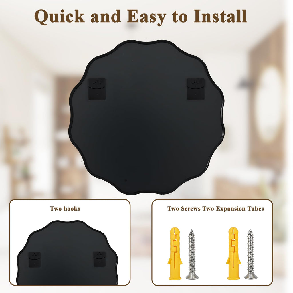 Black Scalloped Circle Mirror 30" Wavy Edge Round Wall Mirror