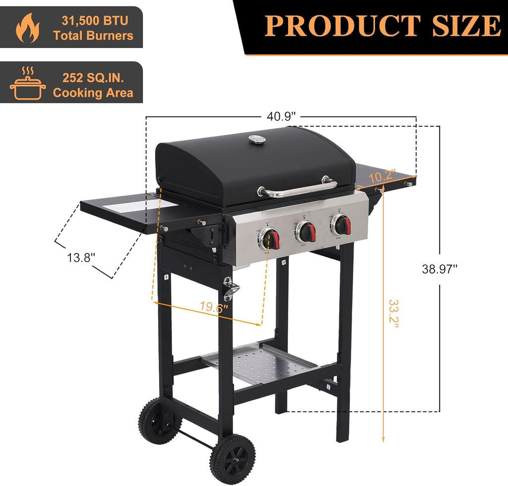 3-Burner Propane Gas Grill, 31,500 BTU Outdoor BBQ with Cast Iron Grates and Side Burner for Patio, Backyard, Tailgating, and Camping
