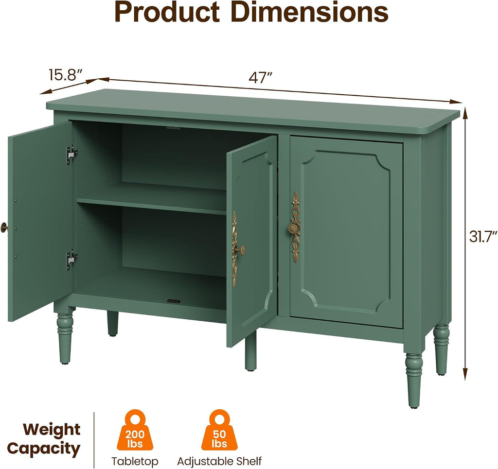 Buffet Cabinet with 3 Doors, Mid-Century Modern Sideboard with Adjustable Shelves, Wood Painted Coffee Bar Table with