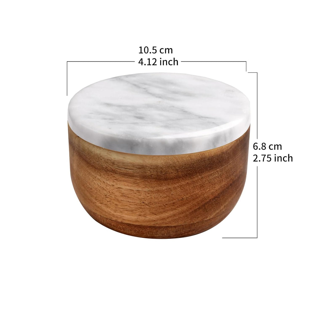 Acacia Wood Salt Cellar with white Marble Lid, 10oz Pinch Pot & Spoon