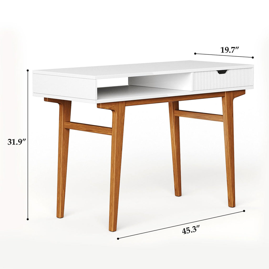 White Computer Desk with Drawers - 45 inch Minimalist Small Solid Wood Mid-Century Modern Office Desk - Boho Style