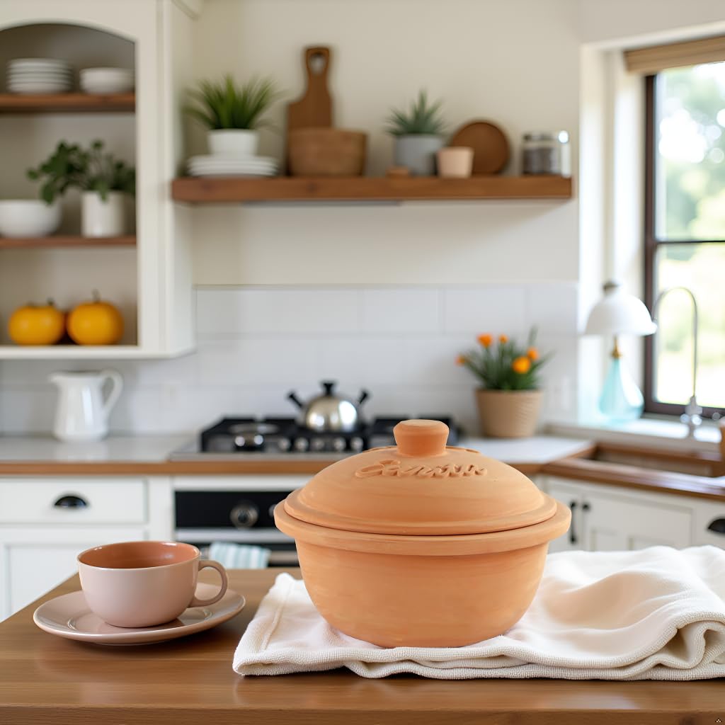 Eurita 2 Quart Terracotta Clay Dutch Oven - Natural, Lead‐& Cadmium‐Free, Oven & Microwave Safe, Rustic Slow-Cooker