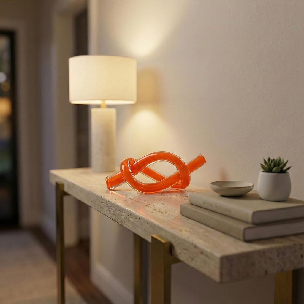 Orange Abstract Glass Knot Sculpture, Hand Blown Glass Decor for Coffee Table TV Cabinet, Shelf or Mantel Accent
