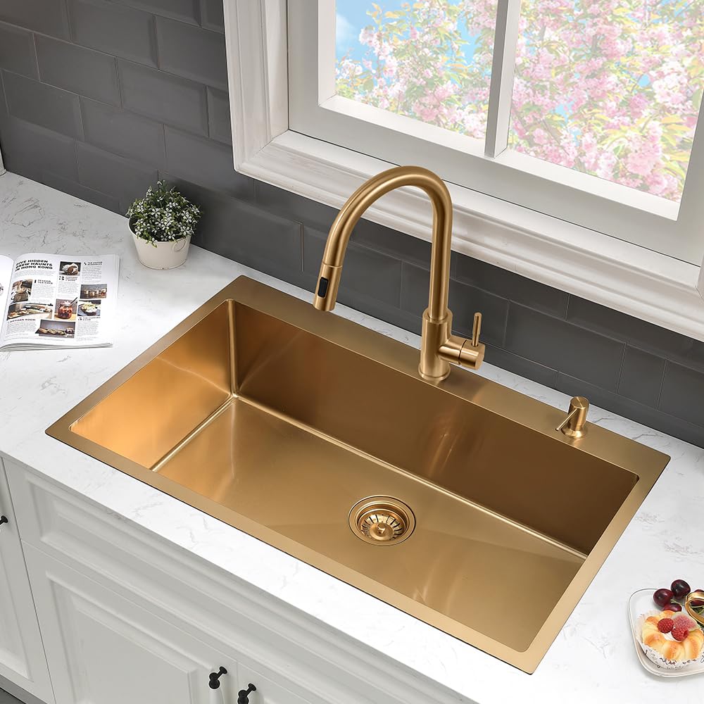 33 Gold Kitchen Sink with Faucet Combo Set Drop In Top Mount Sink