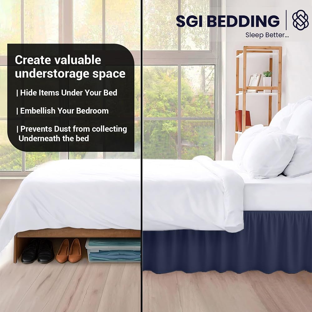 24 Inch Drop Ruffled Bed Skirt Queen Size - Classic Gathered Styling, Platform Style Dust Ruffle with Secure Fit