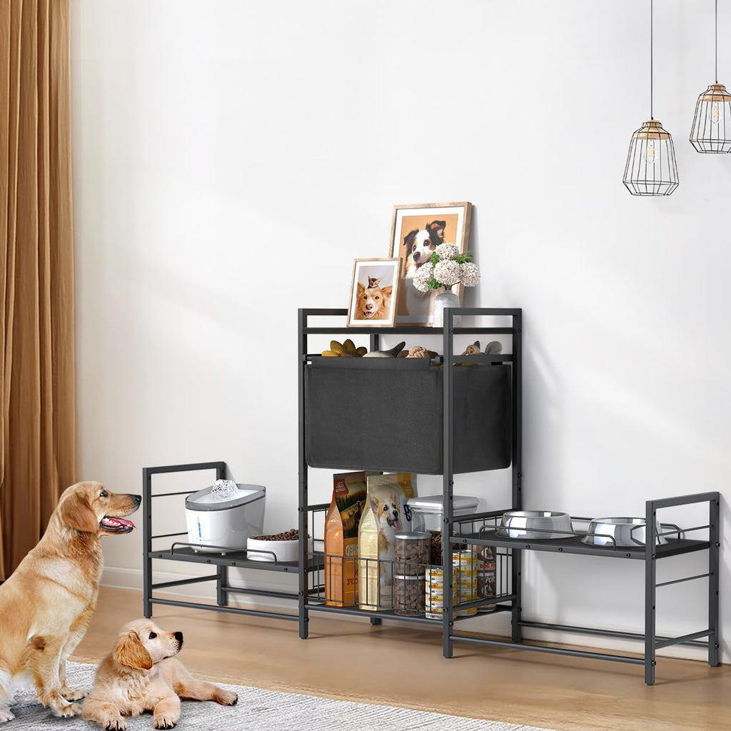 Elevated Dog Bowl Stand with 2 Feeding Stations, Adjustable Raised Feeding Station Cabinet with Toy Bin Basket