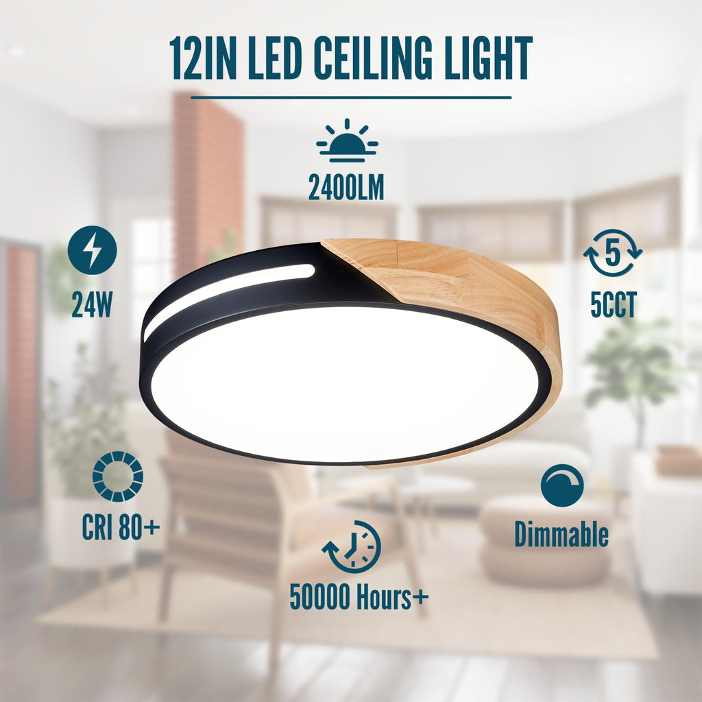 Black and Wood Flush Mount Ceiling Light Fixture Set of 2, Dimmable LED Ceiling Light Black, Modern Light Fixture