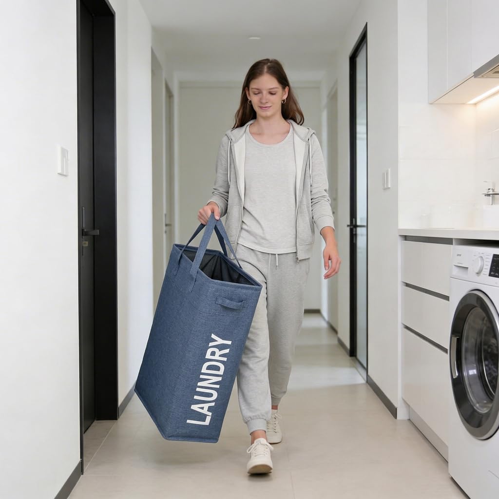 Narrow Laundry Hamper Skinny Laundry Basket 45L Denim Blue 21"