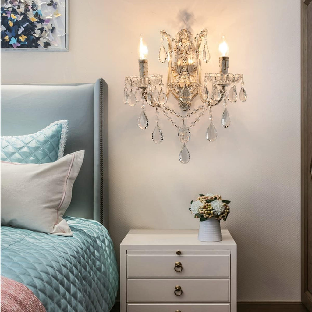 French Country Crystal Wall Sconce, 2-Light Distressed White Gold Candle Style with Teardrop Crystals, Hardwired