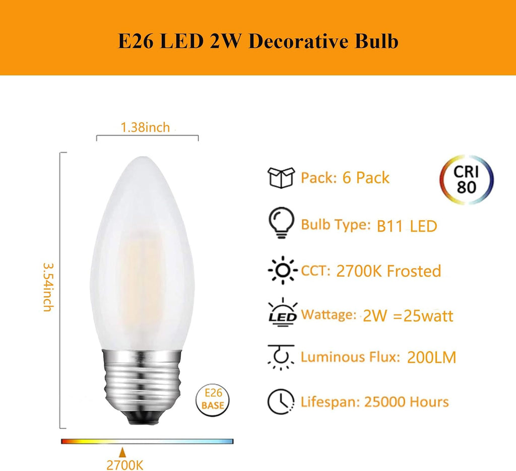 E26 Candelabra Bulb Frosted 25 Watt Light Bulbs Warm White 2700K
